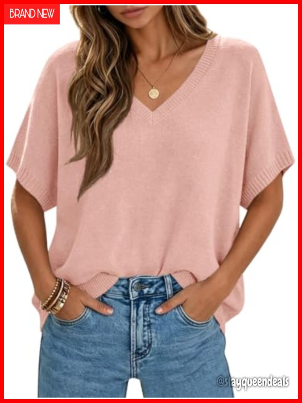 Oversized Batwing Short Sleeve Knit Pullover Sweater Acrylic Cotton V-Neck